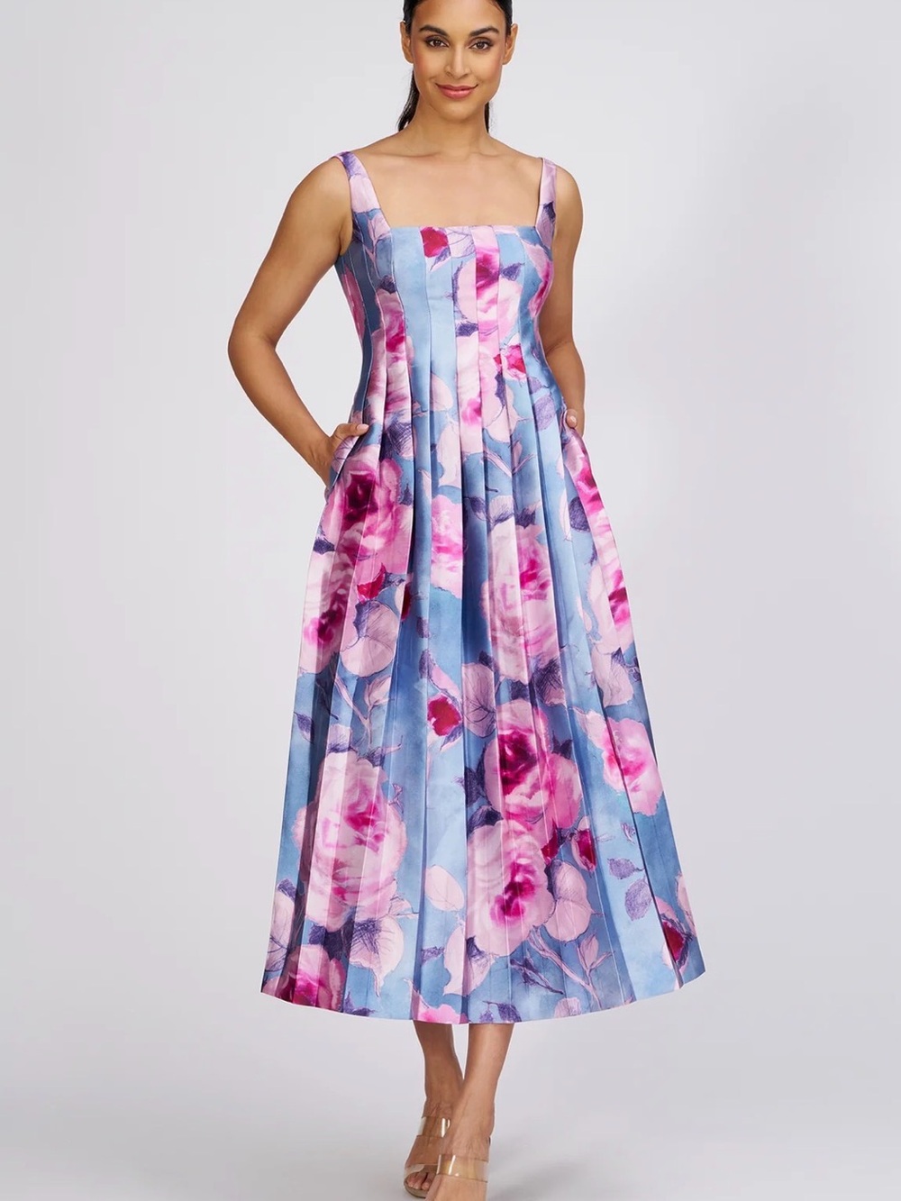 NWT Kay Unger Floral Pink & Blue Midi Dress with Square Neck